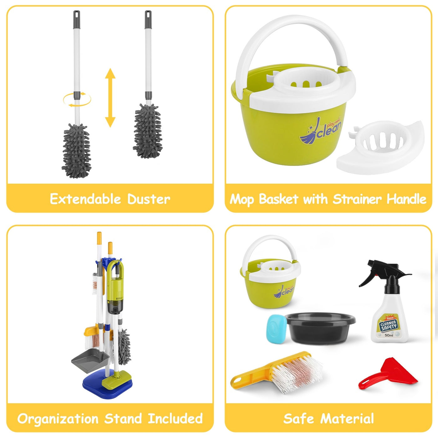 Set Of 14Pcs Kids Cleaning Toy Set Toddler Housekeeping Pretend Play Kit With Vacuum Cleaner Broom Mop Organization Stand For Boys Girls Aged 3 4 5