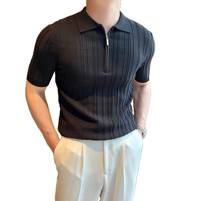 Casual Zipper Short Sleeve Men's Retro Elegant Jacquard Lapel