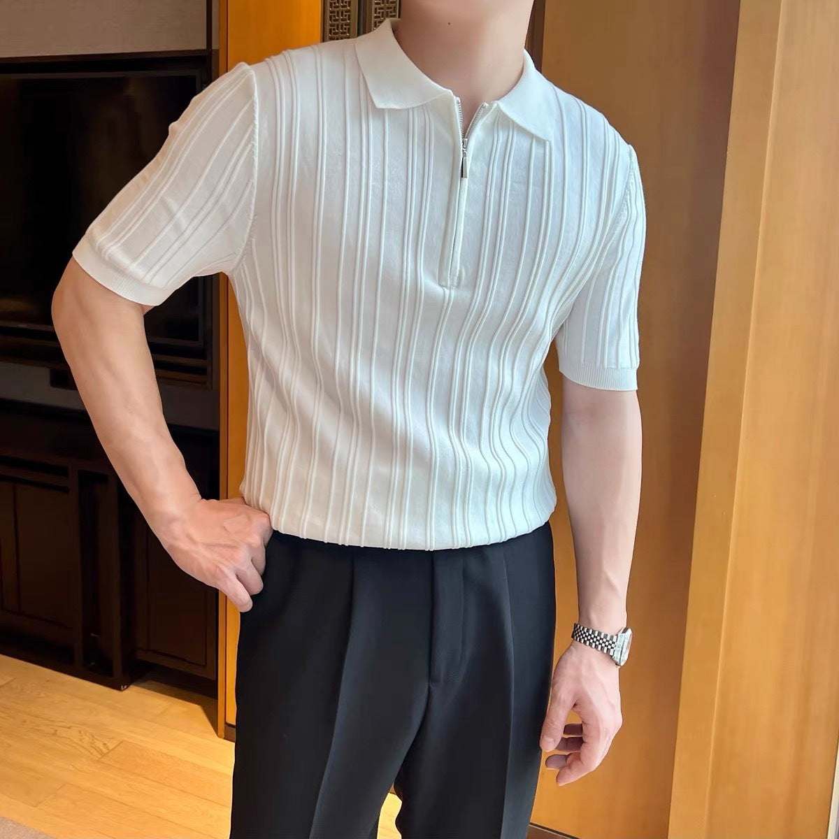 Casual Zipper Short Sleeve Men's Retro Elegant Jacquard Lapel