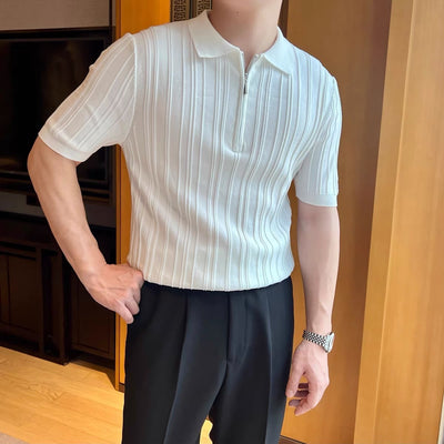 Casual Zipper Short Sleeve Men's Retro Elegant Jacquard Lapel