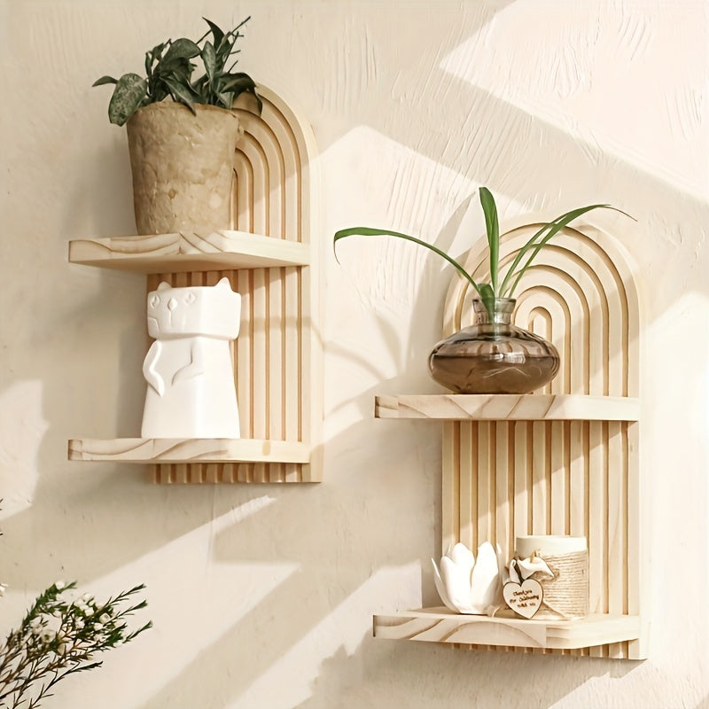 2 Wooden Double Wall Shelves - Simple Faux Wood Curved Shelves With Decorative Tops, Space-saving For Storing Plants, Books And Decorations - Versatile Wall-mounted Organizers For Your Living Room