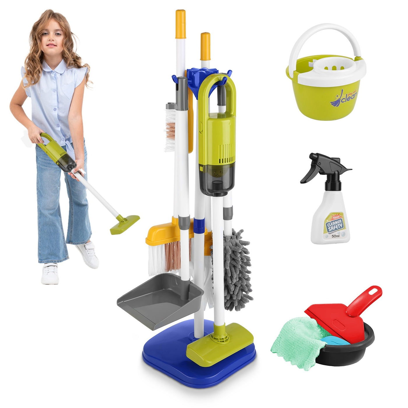 Set Of 14Pcs Kids Cleaning Toy Set Toddler Housekeeping Pretend Play Kit With Vacuum Cleaner Broom Mop Organization Stand For Boys Girls Aged 3 4 5